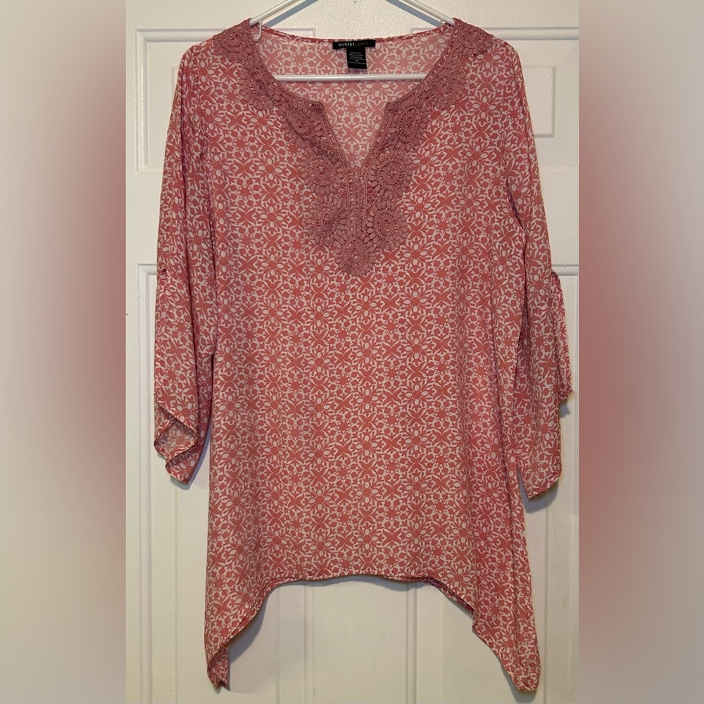 Robert Louis‎ Pink Womens M Patterned Tunic with Lace Detail Crochet Trim